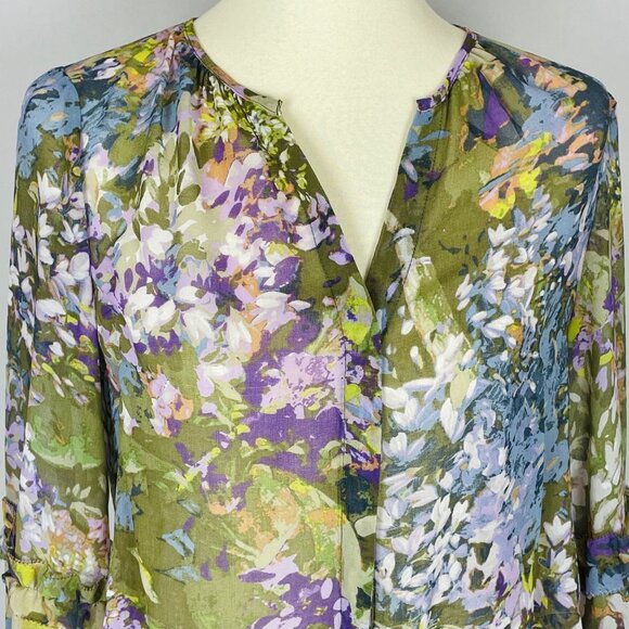 White House Black Market V Neck Top Sz SP Sheer Ruffle Floral Forest Fairy - Picture 2 of 8